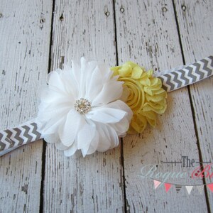 Chevron Headband - Gray Yellow & White with Metal Rhinestone- Newborn -Toddler  - Child - Adult - Flower Girl