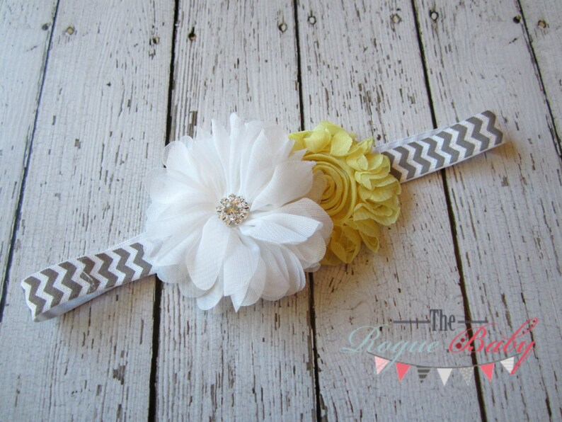 Chevron Headband Gray Yellow & White with Metal Rhinestone Newborn Toddler Child Adult Flower Girl image 1