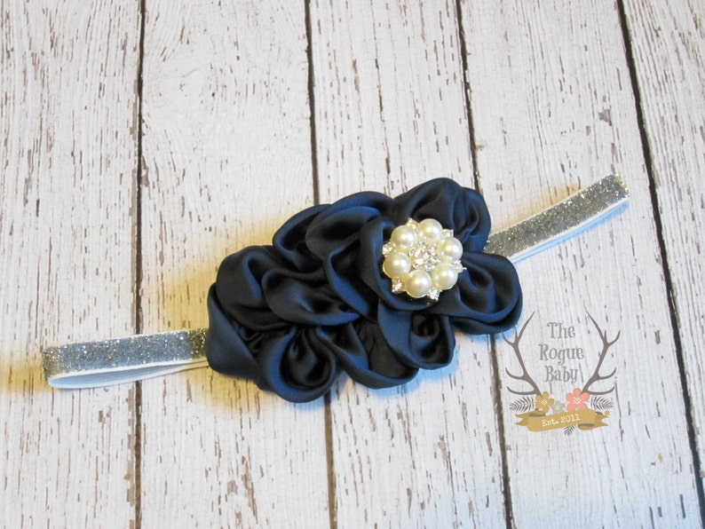 Navy Blue & Silver Headband Pearl Rhinestone Center Newborn Infant Baby Toddler Girls Adult Wedding image 1