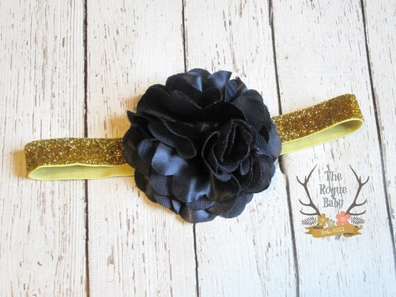 Navy Gold Headband With Satin Tulle Flower - Glitter - Dark 
