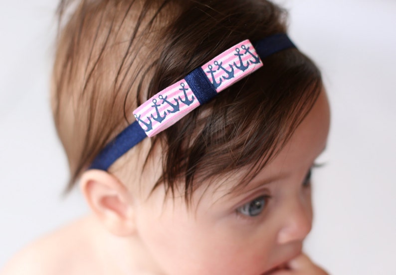 Pink & Navy Blue Anchor Nautical Headband Newborn Infant Baby Toddler Girls Preemie image 3