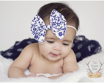 White & Navy Blue Damask Like Floral Fabric Bow Skinny Headband - Newborn Infant Baby Toddler Girls Adult Wedding