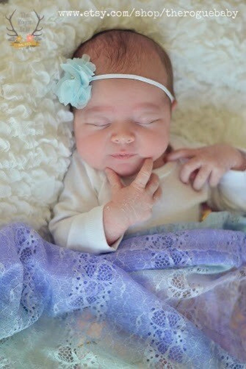 Newborn Baby Petite Headband. Photo Prop Ice Light Blue with White Rhinestones & Pearls Preemie Baptism Wedding image 1