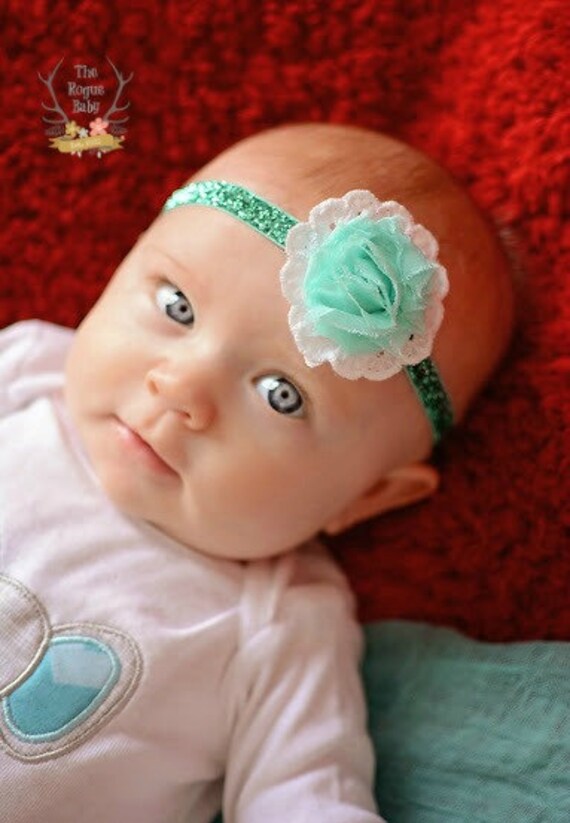 Aqua Glitter Elastic Headband - White Eyelet Lace - Baby 