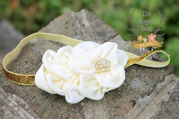 Ivory Cream Headband with Gold Glitter Rhinestone -  Photo Prop - Newborn Infant Baby Toddler Girls Adult Wedding