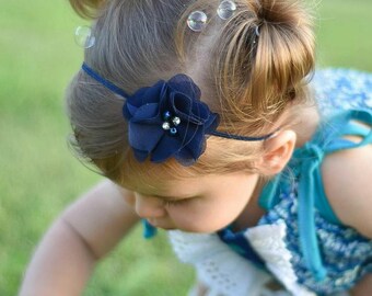 Newborn Baby Petite Headband. Photo Prop. Navy Blue with Rhinestones & Pearls Preemie  Wedding