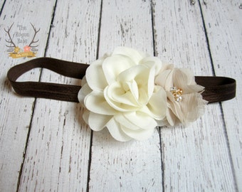 Cream/Ivory Tan and Brown Bridal Headband with Rhinestone Pearl. Rustic Wedding Neutrals  Flower Girl Bride bridesmaid Women