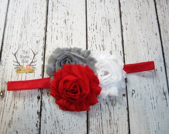 Red Gray and White Baby Headband - Newborn Infant Baby Toddler Girls Adult  Flower Head band