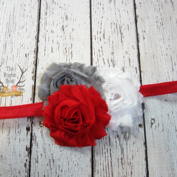 Red Gray and White Baby Headband - Newborn Infant Baby Toddler Girls Adult  Flower Head band