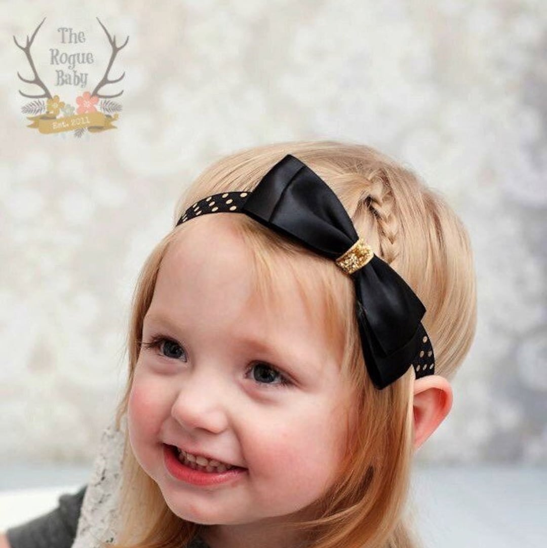 Black Satin Bow With Metallic Gold Dots Headband - Newborn Infant Baby ...