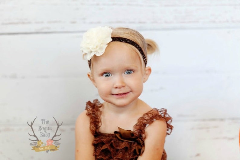 Ivory Cream Rose with Brown Glitter Headband Chiffon Glitter Elastic Fall Autumn Back to School Baby Newborn Flower Girl Fall Wedding Bild 2