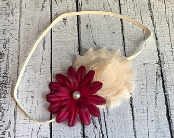 Cream & Light Burgundy Headband - Ivory Headband - Baby Headband  - Headband -  Pearl Fall Flower Girl - Bridal