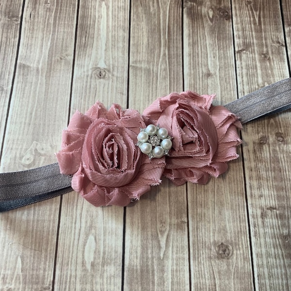 Dusty Rose - Antique Pink with Dark Gray Headband with Pearl Rhinestone -  Flower Girl Wedding Family Photos