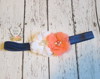 Navy, Coral, and White Headband with Pearl Rhinestone Center - Flower Girl - Wedding - Baby Newborn - Photo Prop