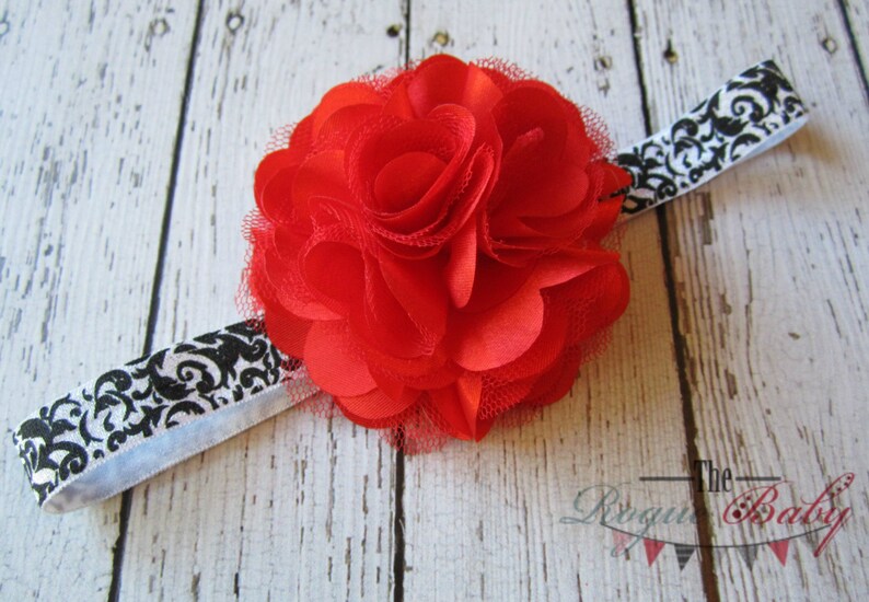 Black & White Damask Headband with Red Satin Tulle Flower Baby Infant Toddlers Girls Women image 1