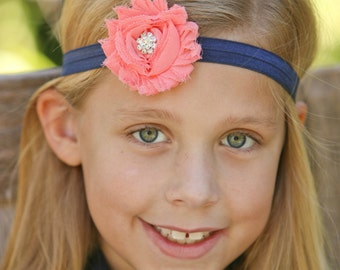 Navy and Coral Headband -  Rhinestone Center - Newborn Infant Baby Toddler Girls Adult Wedding