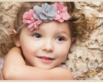 Gray & Dusty Rose Pink Pearl Rhinestone Soft Chiffon Headband. Preemie Wedding Flower GIrl Rustic Wedding Chic