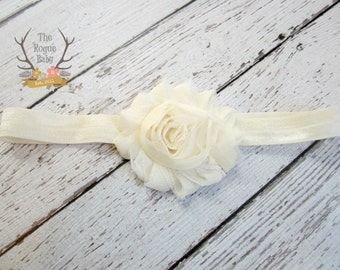 Ivory / Cream Baby Headband - Soft Elastic with Shabby Chiffon Rosette - Newborn Baby Infant- Photo Prop