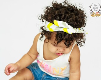 Gray White Yellow Chevron - Knotted Headband - Baby Girl Child Tied Head band