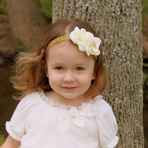 May include: A young girl with long brown hair wearing a white dress with a lace trim and a gold headband with a white flower accent.