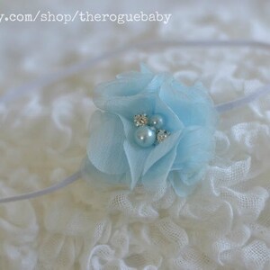 Newborn Baby Petite Headband. Photo Prop Ice Light Blue with White Rhinestones & Pearls Preemie Baptism Wedding image 3