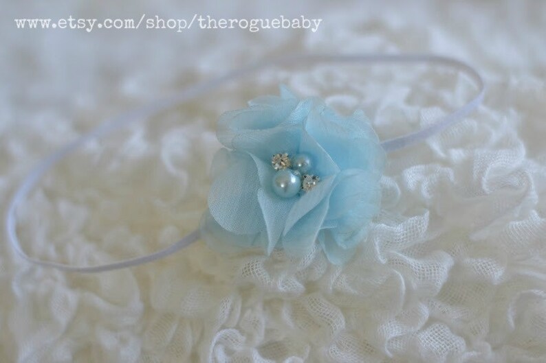 Newborn Baby Petite Headband. Photo Prop Ice Light Blue with White Rhinestones & Pearls Preemie Baptism Wedding image 3