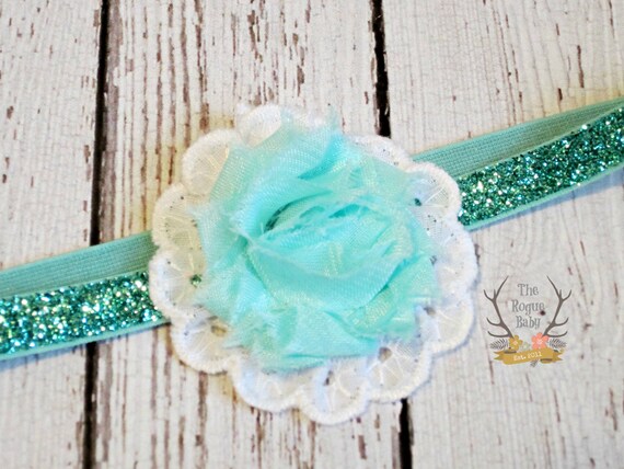 Aqua/white headband w bag Aqua Glitter Elastic Headband - White Eyelet Lace - Baby  main image 3