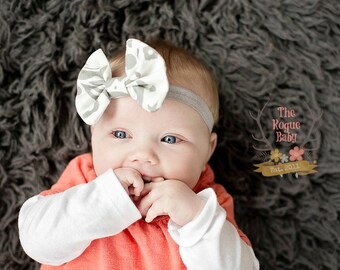 Silver Gray Damask Fabric Bow  Headband - Newborn Infant Baby Toddler Girls Adult Wedding