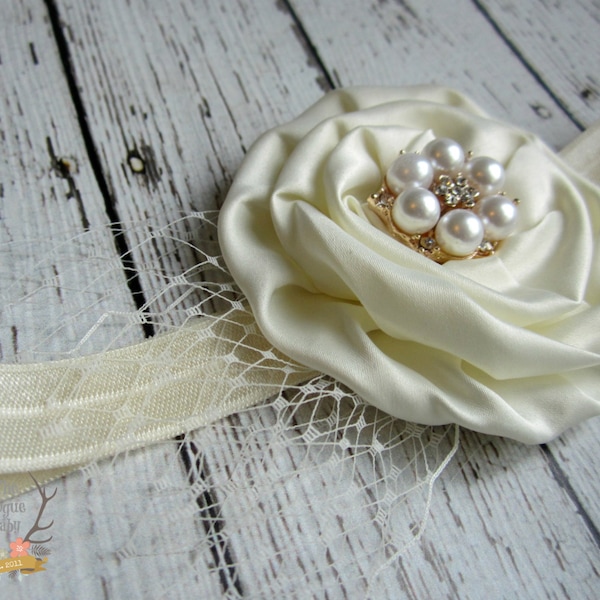 Ivory Cream Headband Pearl Rhinestone Net Veil Rose Gold -  Photo Prop - Newborn Infant Baby Toddler Girls Adult Wedding