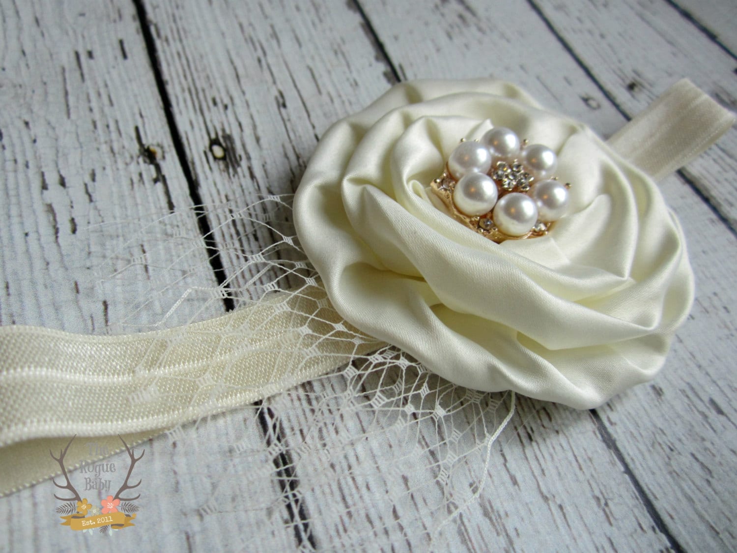 Ivory Cream Flower Headband: Pearl, Rhinestone & Rose Gold  display picture 2