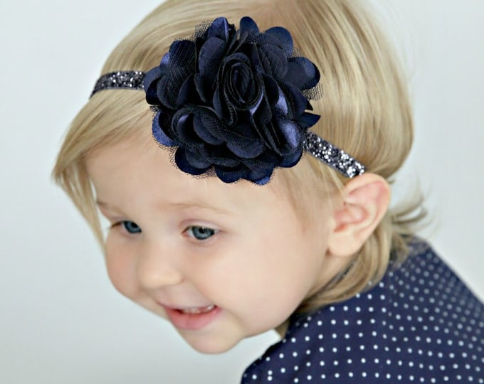 Navy Blue Glitter Headband With Satin & Tulle Midnight Blue Baby Infant