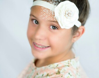 Ivory Cream Headband Pearl Rhinestone Net Veil Rose Gold -  Photo Prop - Newborn Infant Baby Toddler Girls Adult Wedding