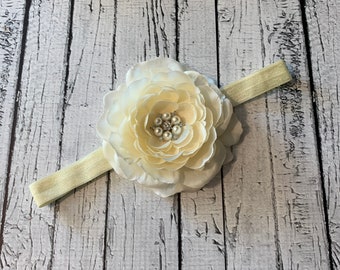 Cream Bridal Flower Headband - Bridal Flower  - Pearl Rhinestone Accent  - Hair piece - Wedding -  Ivory Silver - Flower