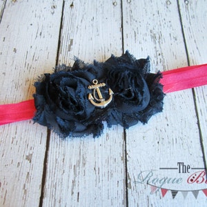 Hot Pink & Navy Blue Anchor Headband with Shabby Chiffon Flowers Nautical Newborn Infant Baby Toddler Girls Adult image 2