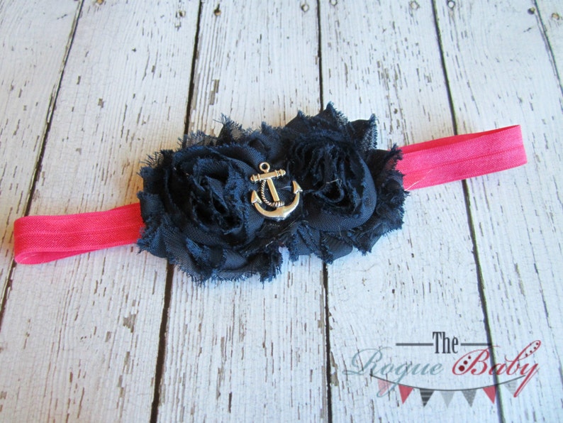 Hot Pink & Navy Blue Anchor Headband with Shabby Chiffon Flowers Nautical Newborn Infant Baby Toddler Girls Adult image 2