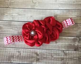 Red Pink White Chevron with Red Flower Headband
