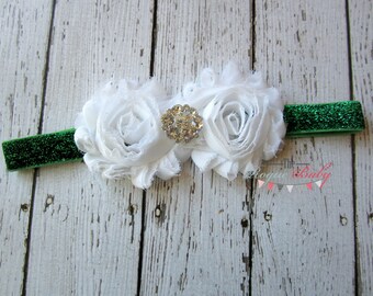 Dark Green & White Glitter Headband with Rhinestone Center - Spearmint - Winter -  Baby Infant Toddlers Girls  White Evergreen Kelly Green