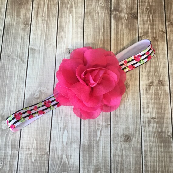Bright Pink Black White Floral Stripe Headband - Hot Pink  display picture 1
