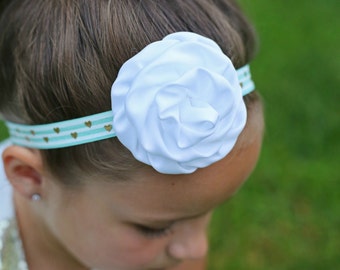 White Aqua & Gold Headband - Baby Headband - Gold Hearts - Aqua Headband - White Satin Flower - Metallic Gold - Headband