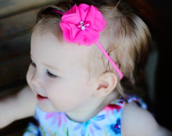 Newborn Baby Petite Headband. Photo Prop. Bright Pink with Rhinestones & Pearls Preemie  Wedding hot pink fuchsia