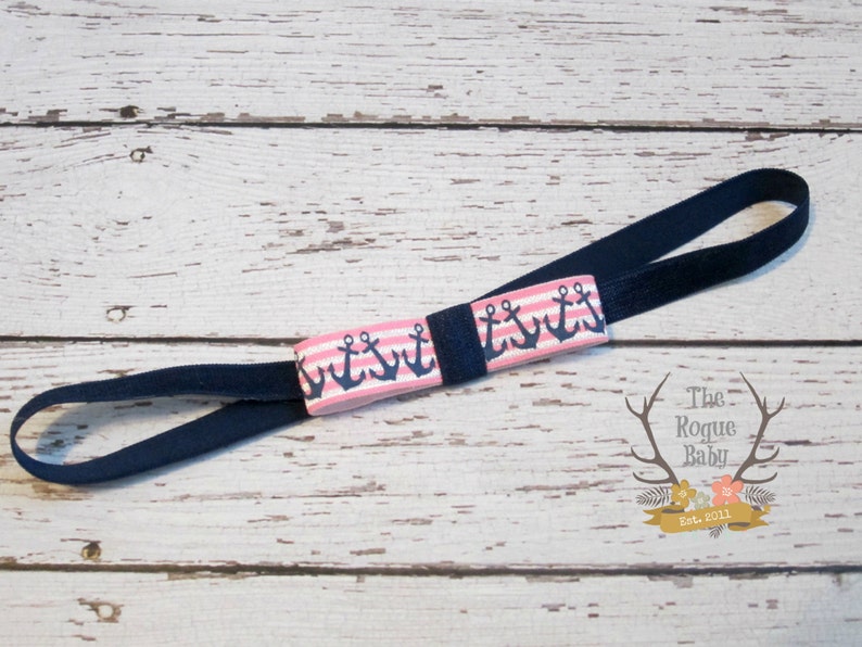 Pink & Navy Blue Anchor Nautical Headband Newborn Infant Baby Toddler Girls Preemie image 2