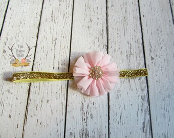 Gold Glitter & Pink Baby Headband - Rhinestone - Bling - Newborn Infant Baby Toddler Girls Wedding Flower Girl First Headband