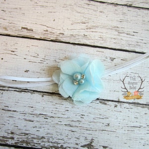 Newborn Baby Petite Headband. Photo Prop Ice Light Blue with White Rhinestones & Pearls Preemie Baptism Wedding image 4