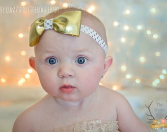 Gold White Baby Bow Headband  - Newborn Infant Baby Toddler Girls  Preemie - Polka Dot White