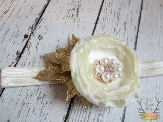Cream & Gold Satin Handmade Flower Headband With Pearl Rose 