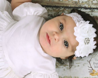 White Lace Headband Diamond Rhinestone -  Flower Girl - Newborn Infant Baby Toddler Girls Adult Wedding