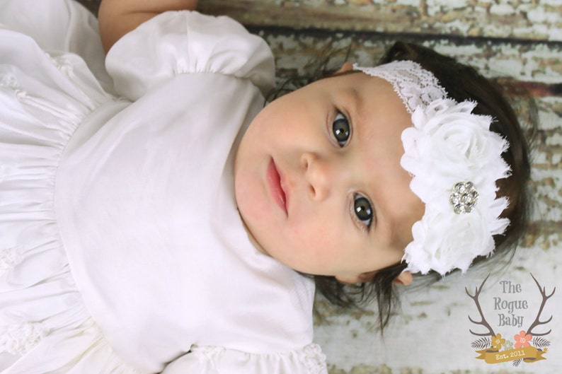 White Lace Headband Diamond Rhinestone Flower Girl Newborn Etsy