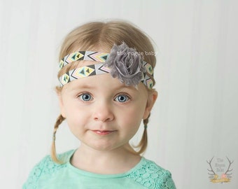 Aztec Headband -  Double Band - Gray Black Pink Yellow Aqua - Photo Prop - Newborn Infant Baby Toddler Girls Adult