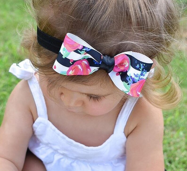 The Julia Black White Stripes Floral Bow Headband Newborn Infant Baby Toddler Girls Adult image 3