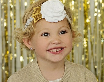 Gold White Metallic Polka Dot Headband  - Newborn Infant Baby Toddler Girls  Sequin Glitter Bling
